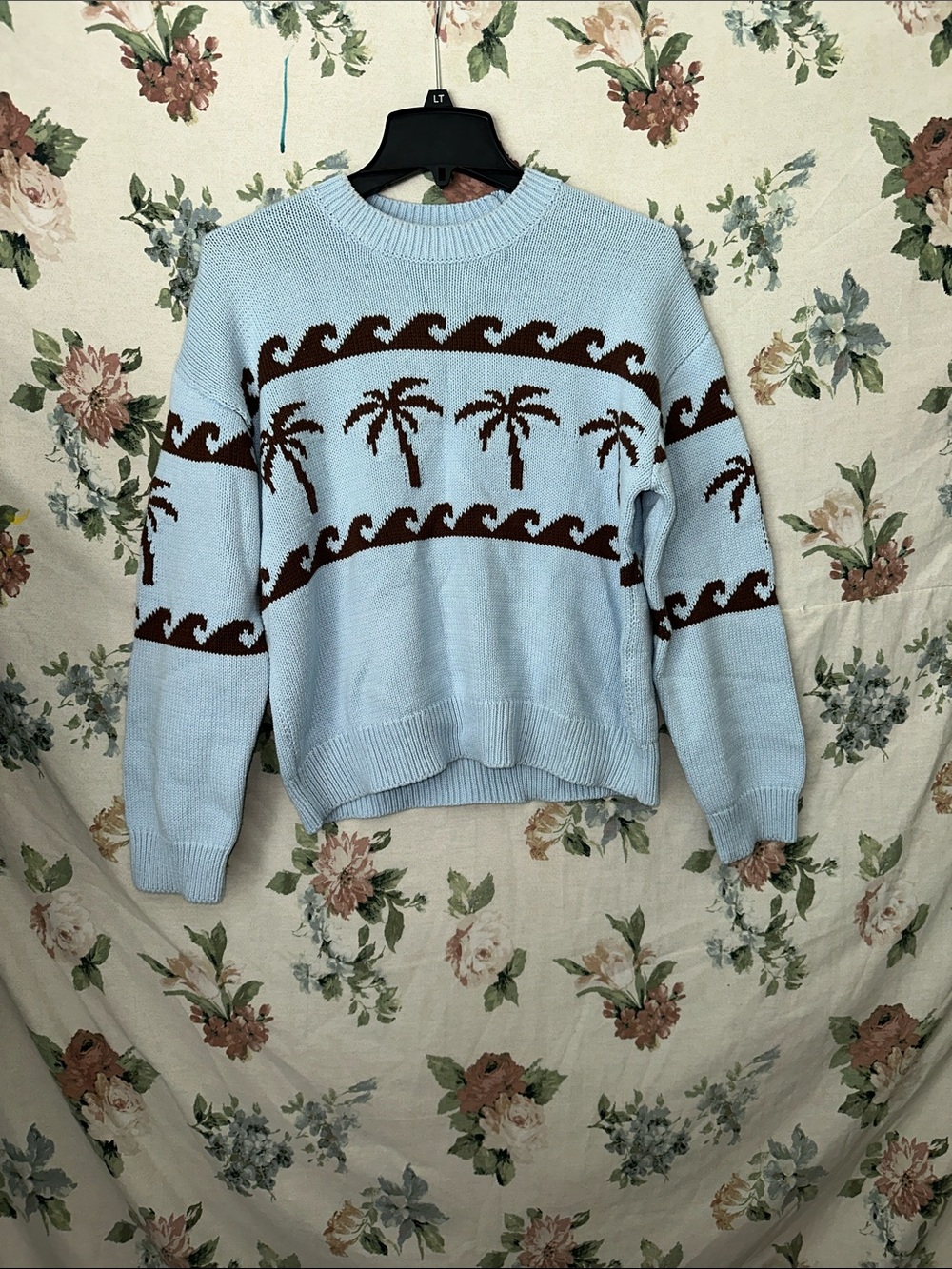 RAILS Light Blue Crewneck Sweater with Brown Palm & Wave Pattern